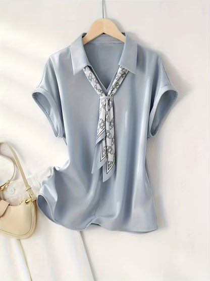 Women's blouse with short sleeves and decorative neck scarf – Elegant business and casual style