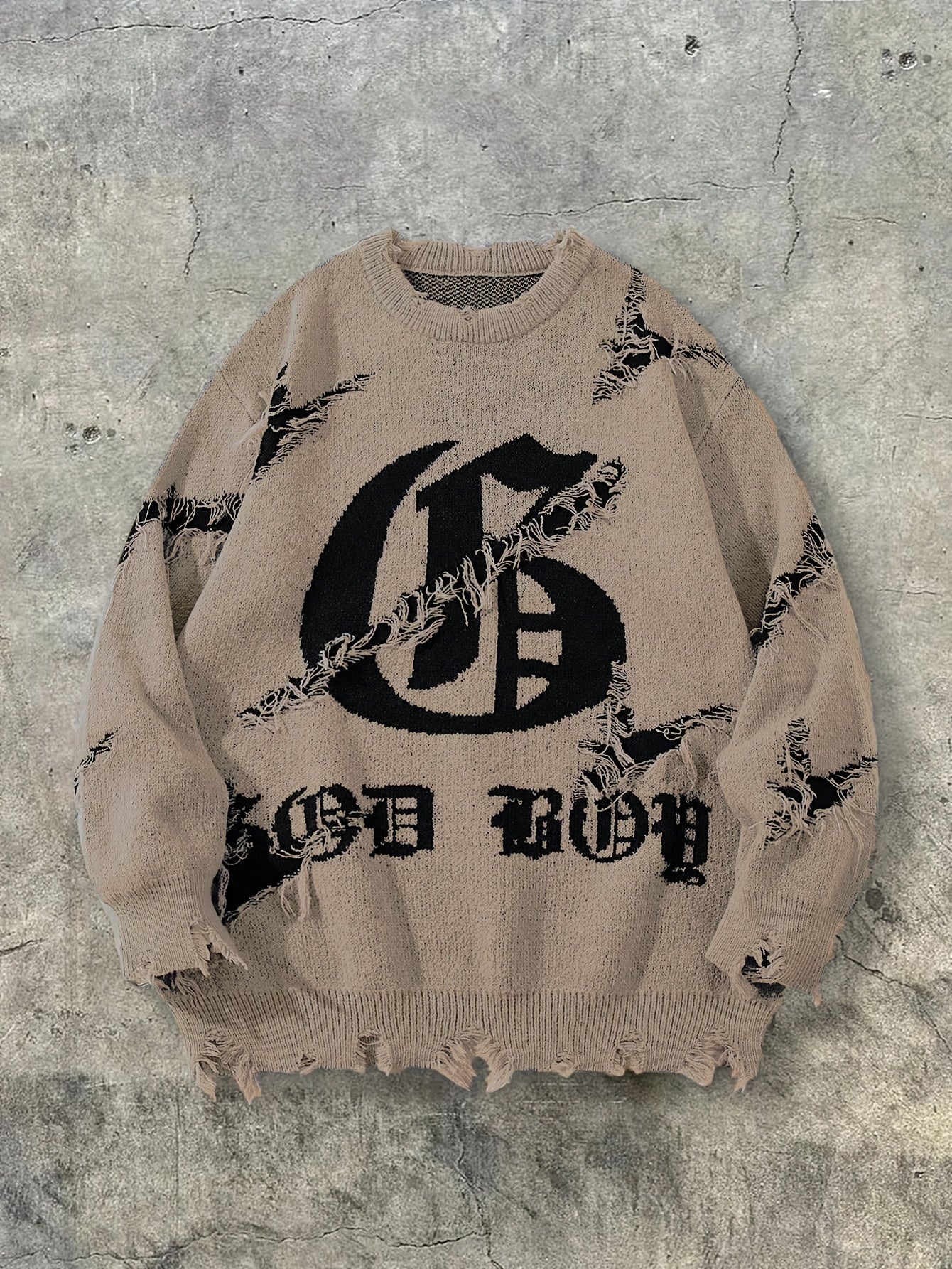 Unisex distressed pullover with a crew neck and statement print