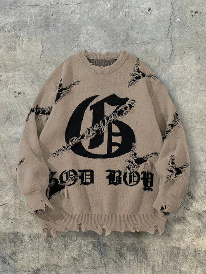 Unisex distressed pullover with a crew neck and statement print