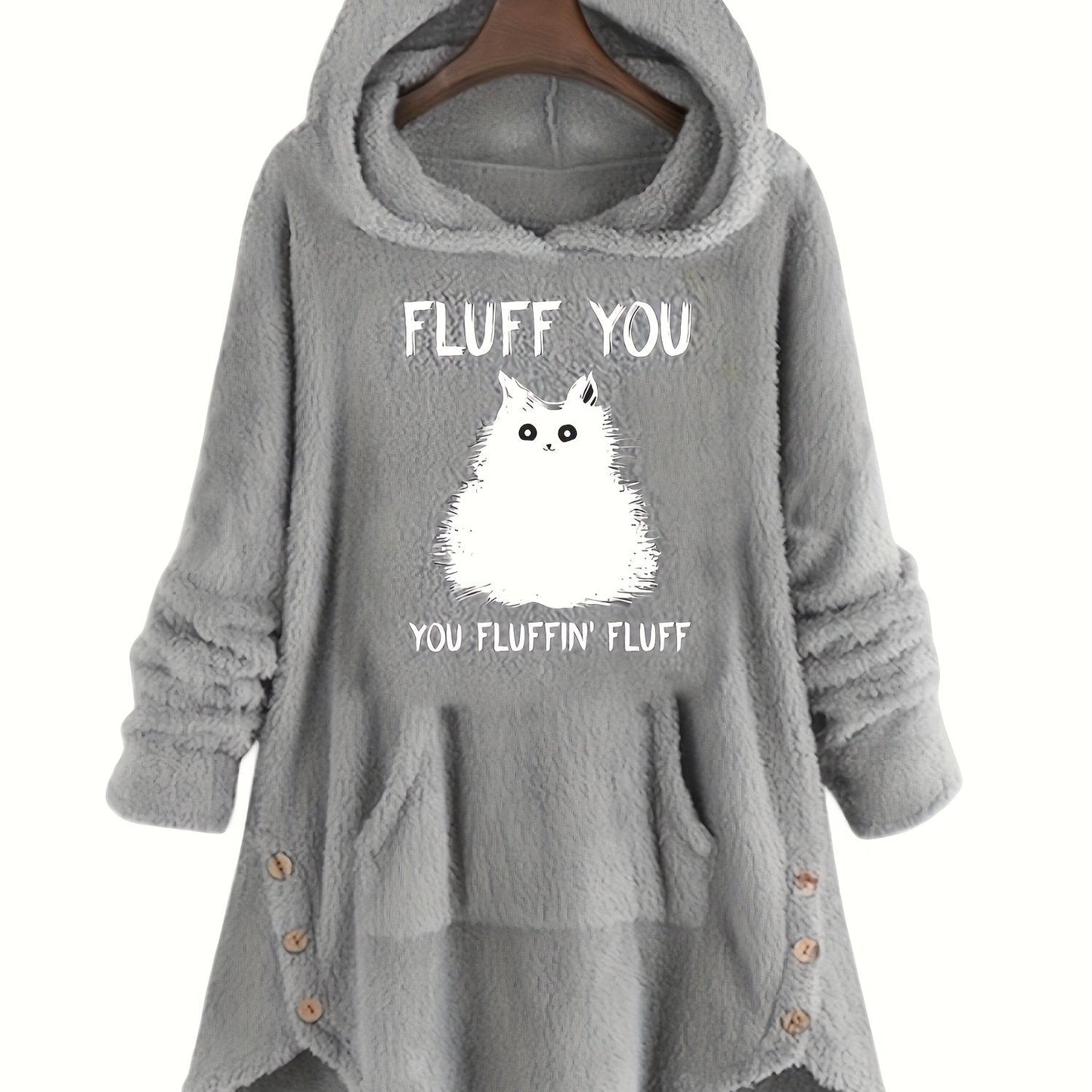 Women's plush hoodie with cat print and button placket