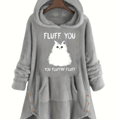 Women's plush hoodie with cat print and button placket