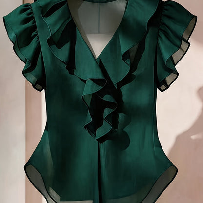 Women's blouse with ruffles and V-neck – Elegant frilled blouse for office and leisure