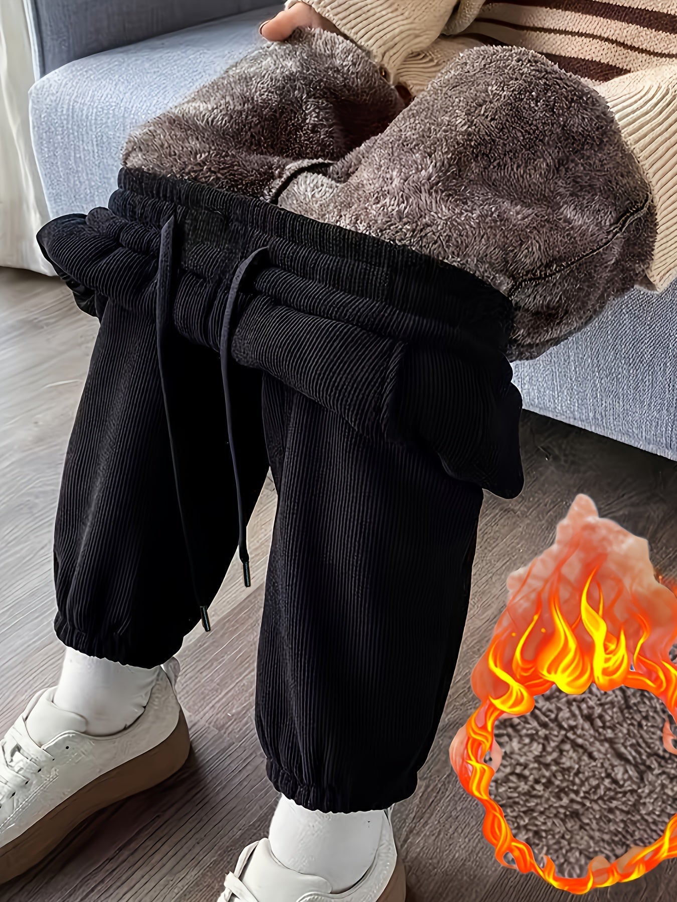 Unisex Winterhose Cord Innenfutter Plüsch Schwarz