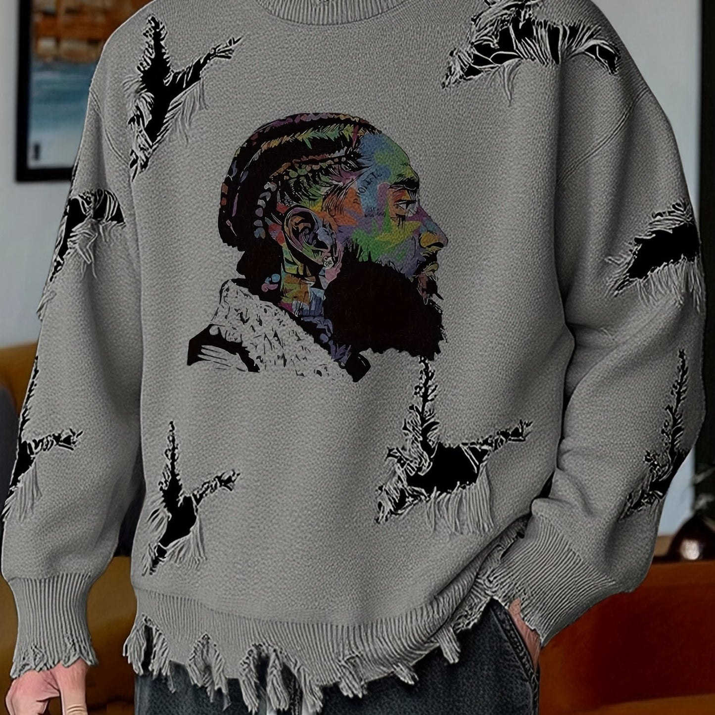 Men's chunky-knit crew-neck sweater with colorful portrait print and distressed details