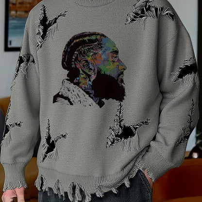 Men's chunky-knit crew-neck sweater with colorful portrait print and distressed details