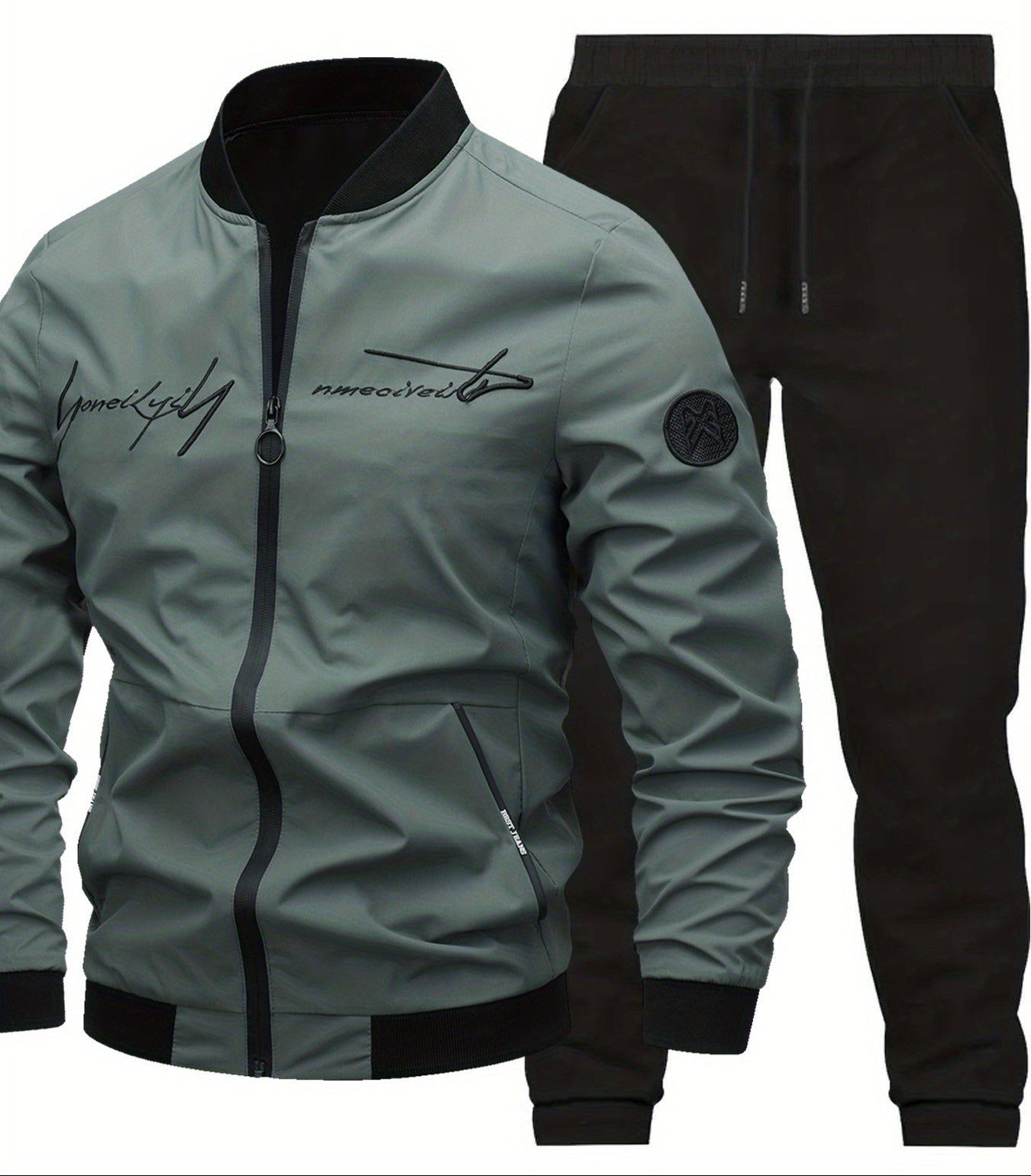 Men's Casual Tracksuit Set with Baseball Collar – Modern Embroidery Look for Everyday and Sports