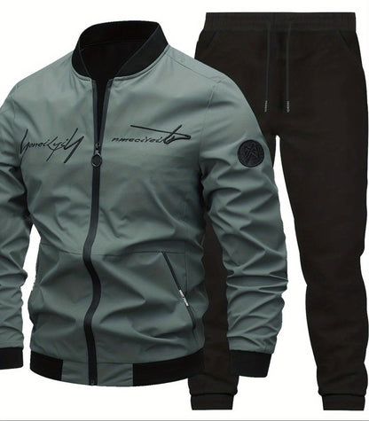 Men's Casual Tracksuit Set with Baseball Collar – Modern Embroidery Look for Everyday and Sports