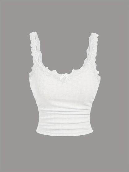 Women's Coquette-Style Camisole Top with Lace and Bow – Feminine Vintage Layering for Casual Wear