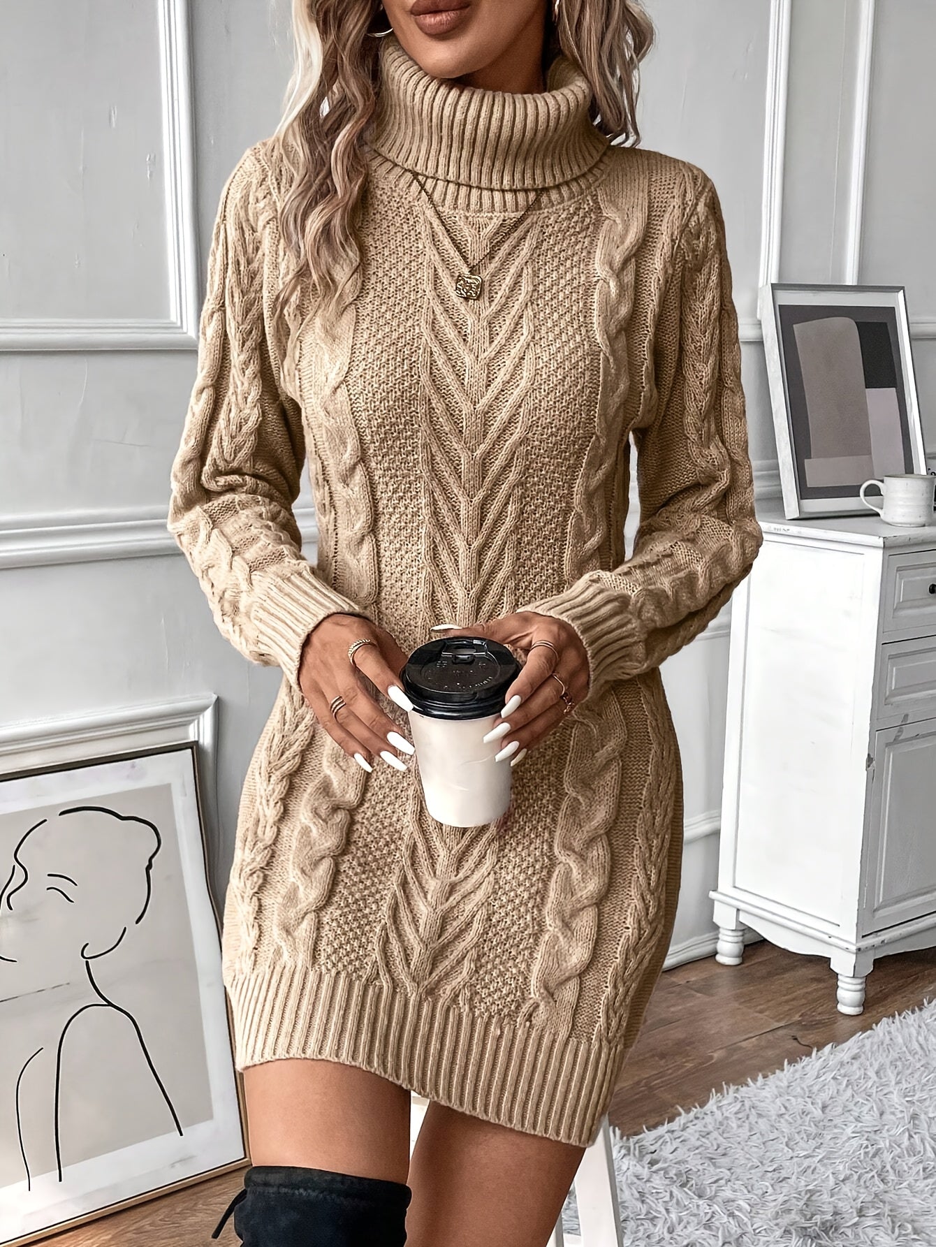 Strickkleid Damen Rollkragen Zopfmuster Langarm