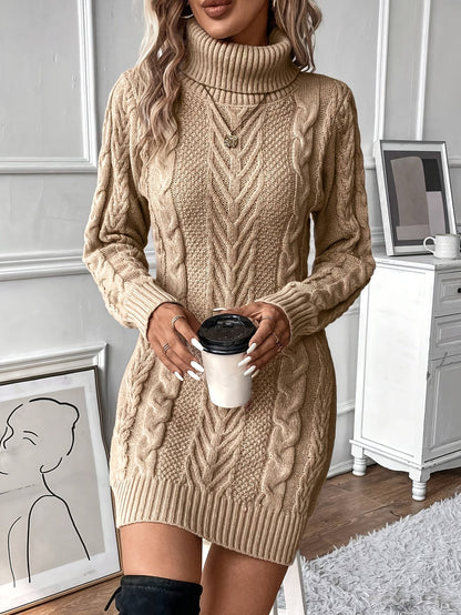 Strickkleid Damen Rollkragen Zopfmuster Langarm