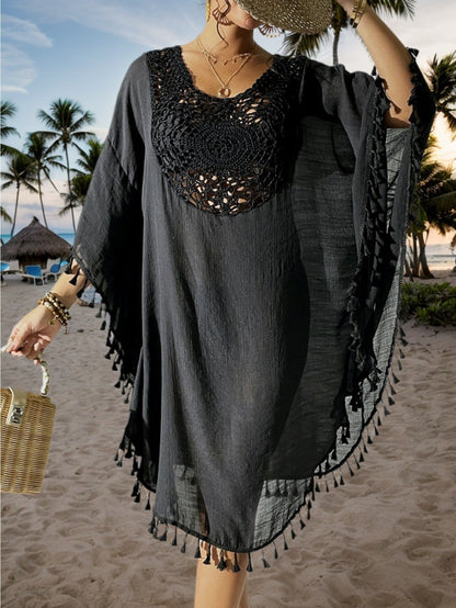 Women's Boho Beach Poncho Kaftan with Crochet Detail and Tassels – Perfect as a Beach Cover-Up