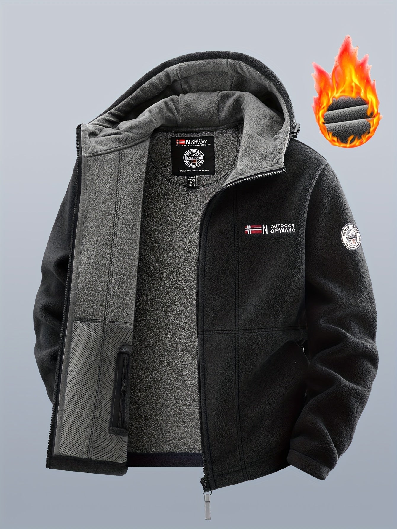 Thermo Fleecejacke mit Kapuze für Herren, durchgehender Reißverschluss