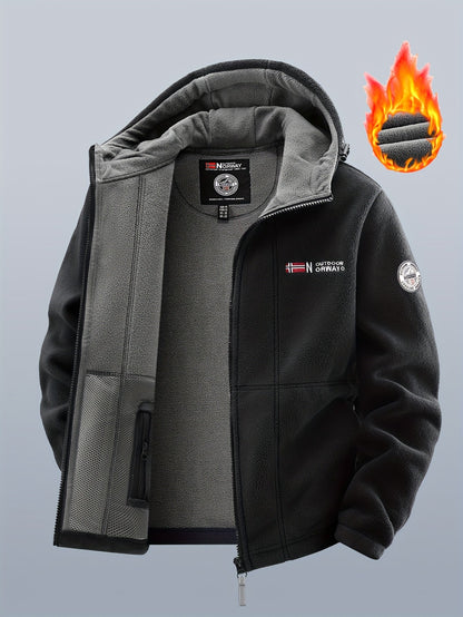 Thermo Fleecejacke mit Kapuze für Herren, durchgehender Reißverschluss