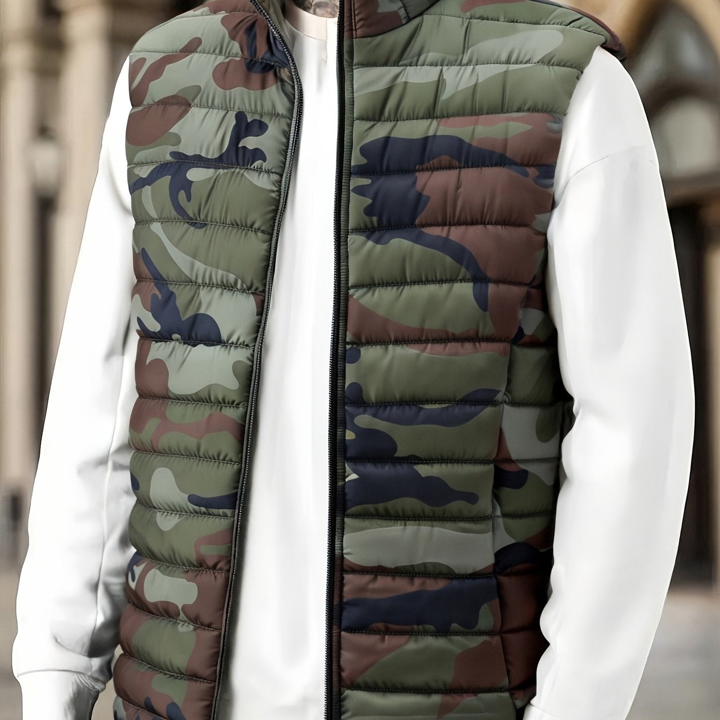 Unisex quilted camouflage vest with stand-up collar
