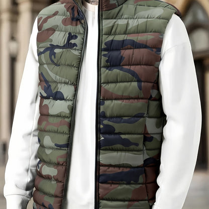 Unisex quilted camouflage vest with stand-up collar