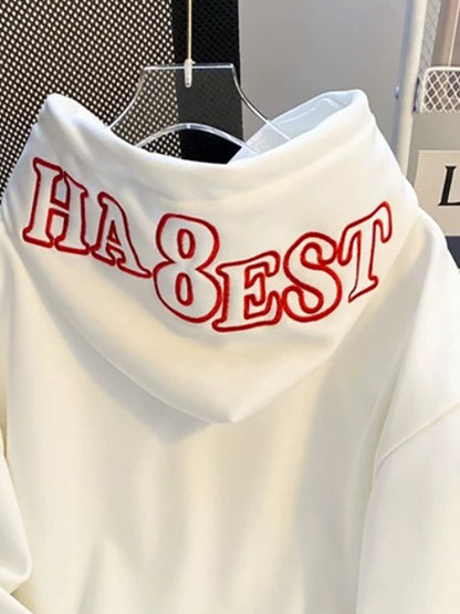 White hooded sweatshirt with red embroidery