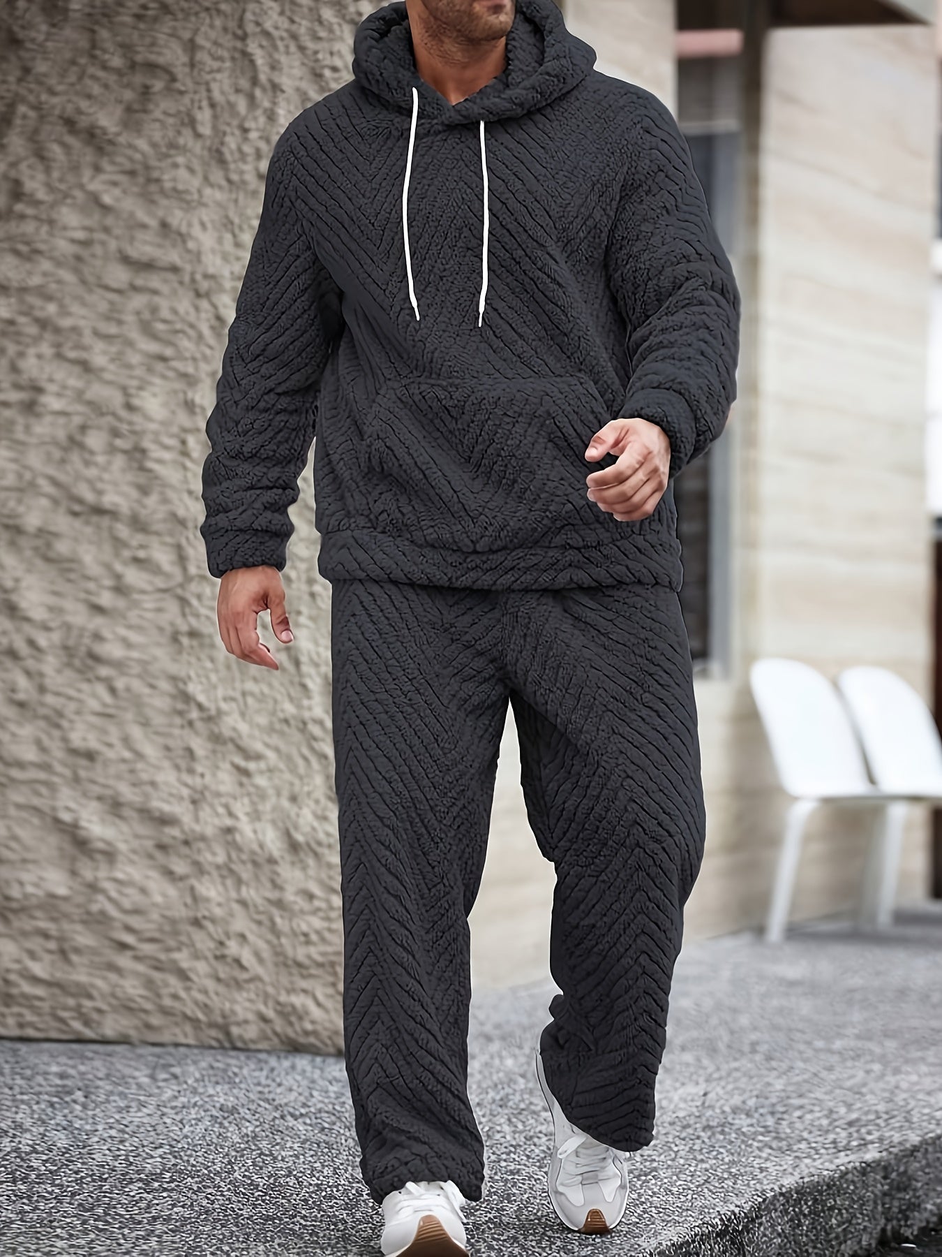Men's Lounge Set Sherpa Hoodie & Herringbone Pants