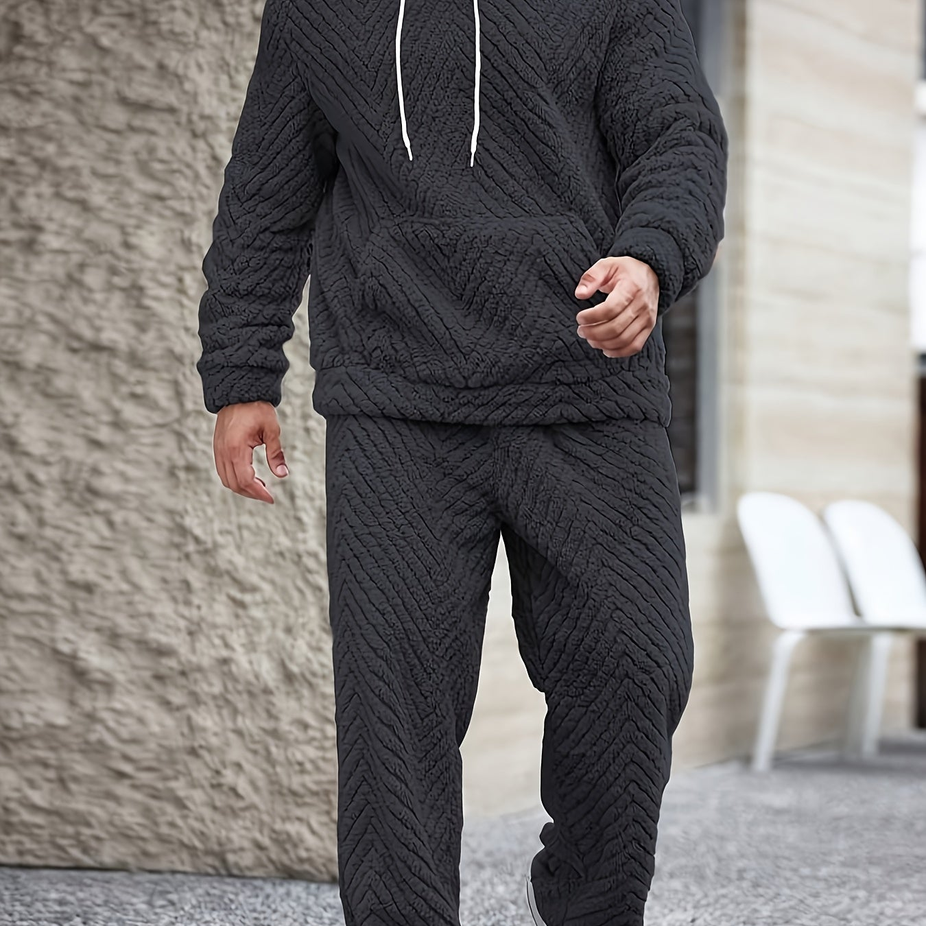 Men's Lounge Set Sherpa Hoodie & Herringbone Pants