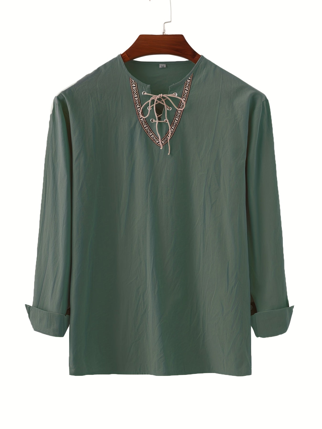 Herren Vintage Langarmshirt mit Schnürung und geometrischem Muster am Kragen