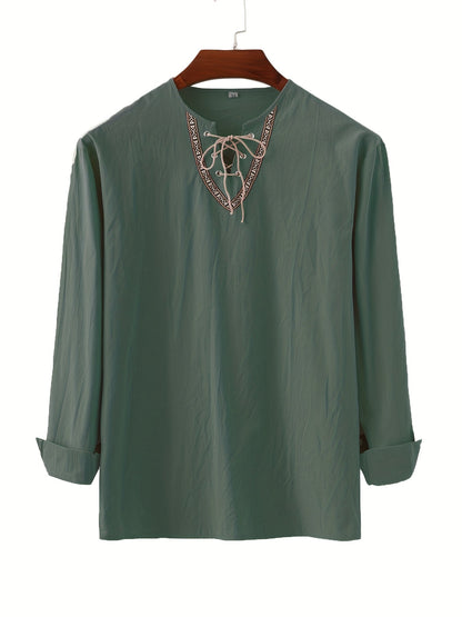 Herren Vintage Langarmshirt mit Schnürung und geometrischem Muster am Kragen
