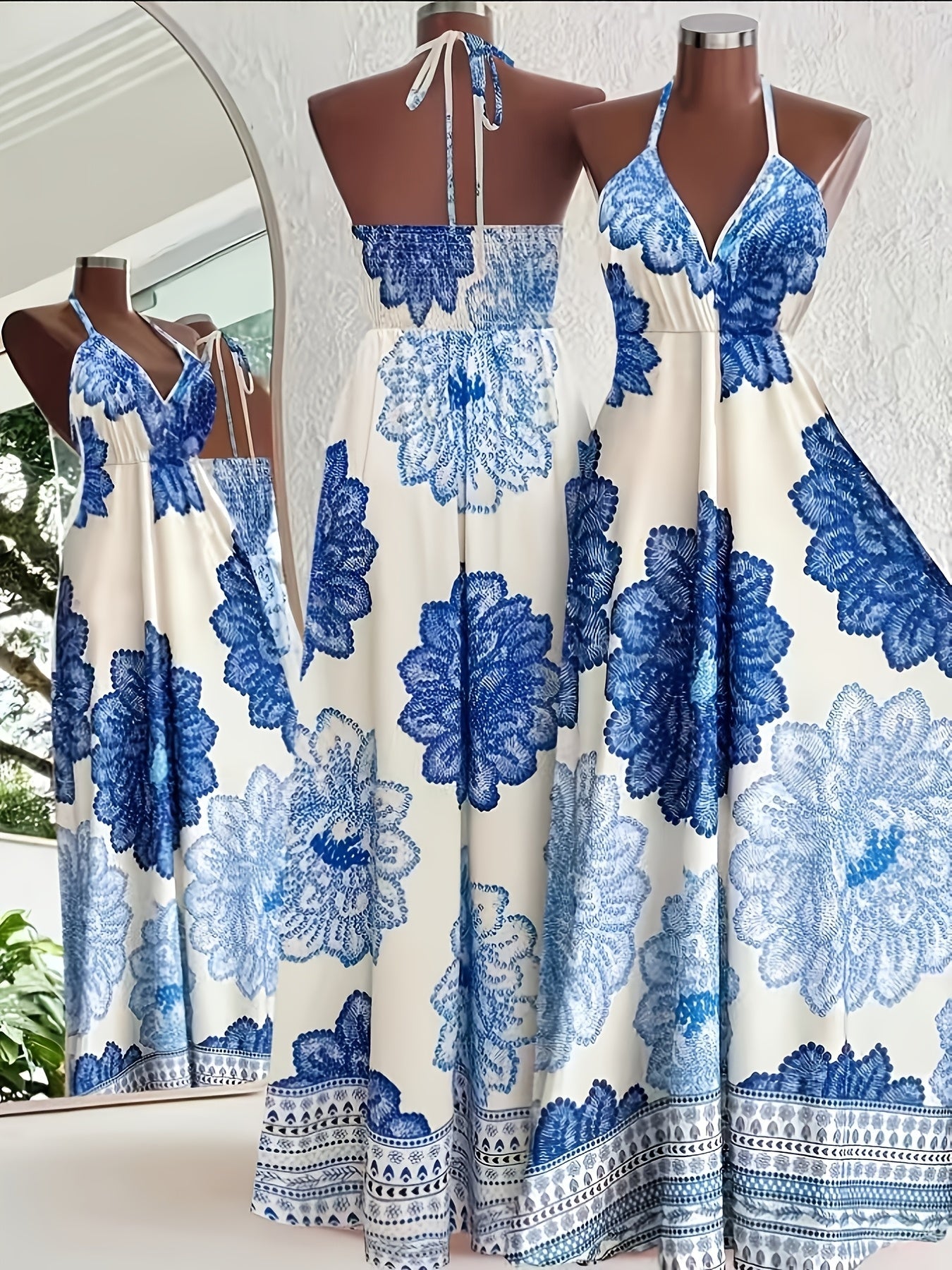 Women's Boho-Style Maxi Dress with Halterneck and Floral Pattern – Perfect for Vacation & Summer Parties