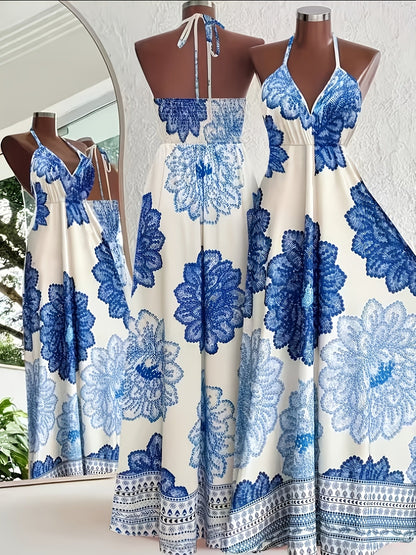 Women's Boho-Style Maxi Dress with Halterneck and Floral Pattern – Perfect for Vacation & Summer Parties