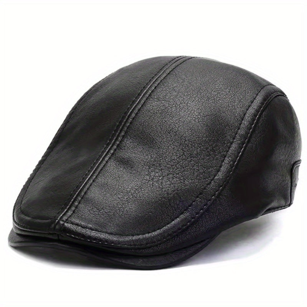 Men's faux-leather flat cap, Black/Brown