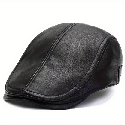 Men's faux-leather flat cap, Black/Brown