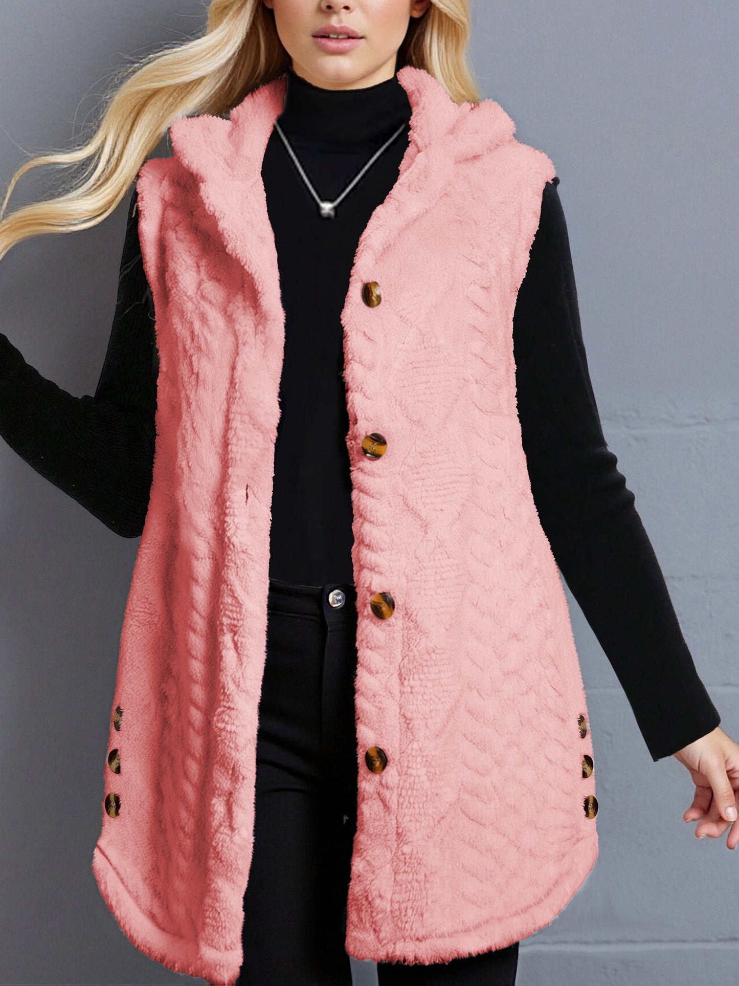 Women's long cream hooded vest with teddy-fur look and buttons