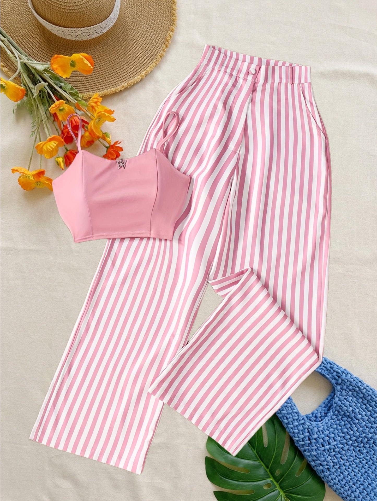 Women's Two-Piece Set – Fashionable Summer Look with Striped Pants and Bustier Top, Ideal for Garden Parties & Leisure