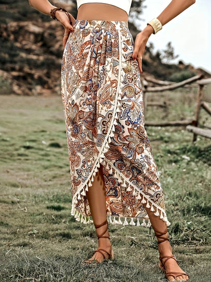 Women's Boho Wrap Midi Skirt with Paisley Pattern and Tassels – Summer Festival Style