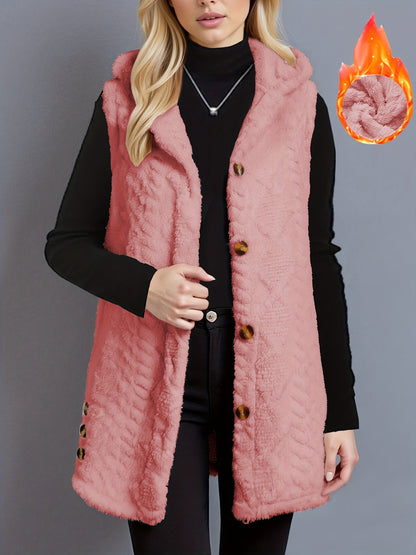 Women's long cream hooded vest with teddy-fur look and buttons
