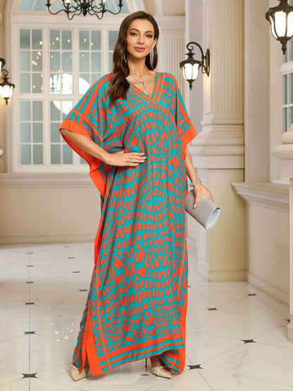 Women's Boho Kaftan Maxi Dress with V-Neck – Elegant Casual Dress for Summer and Vacation