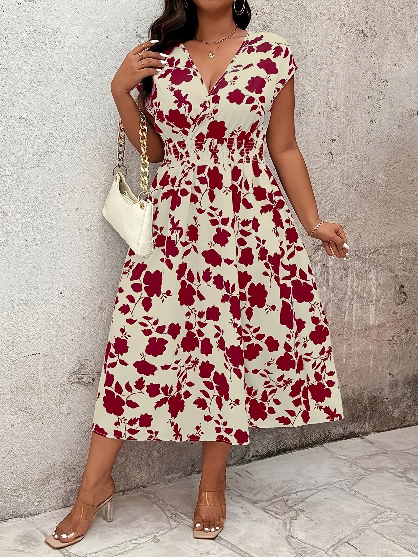 Women's Elegant Midi Dress with Floral Pattern and V-Neck for Casual and Special Occasions