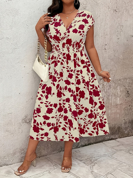 Women's Elegant Midi Dress with Floral Pattern and V-Neck for Casual and Special Occasions