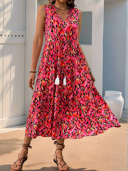 Women's Summer Dress Elegant Sleeveless with Allover Print and Tassels for Leisure and Vacation