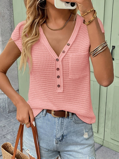 Women's Henley Shirt with Texture, Short Sleeve, V-Neck, Casual Look