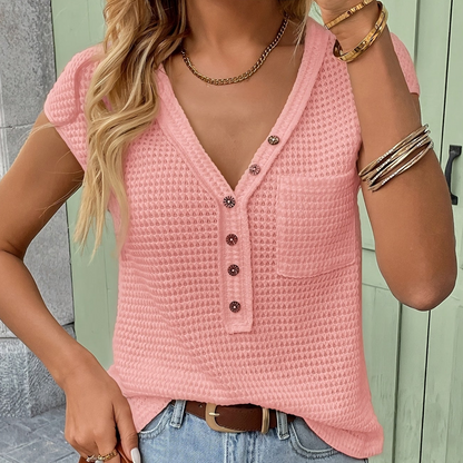 Women's Henley Shirt with Texture, Short Sleeve, V-Neck, Casual Look