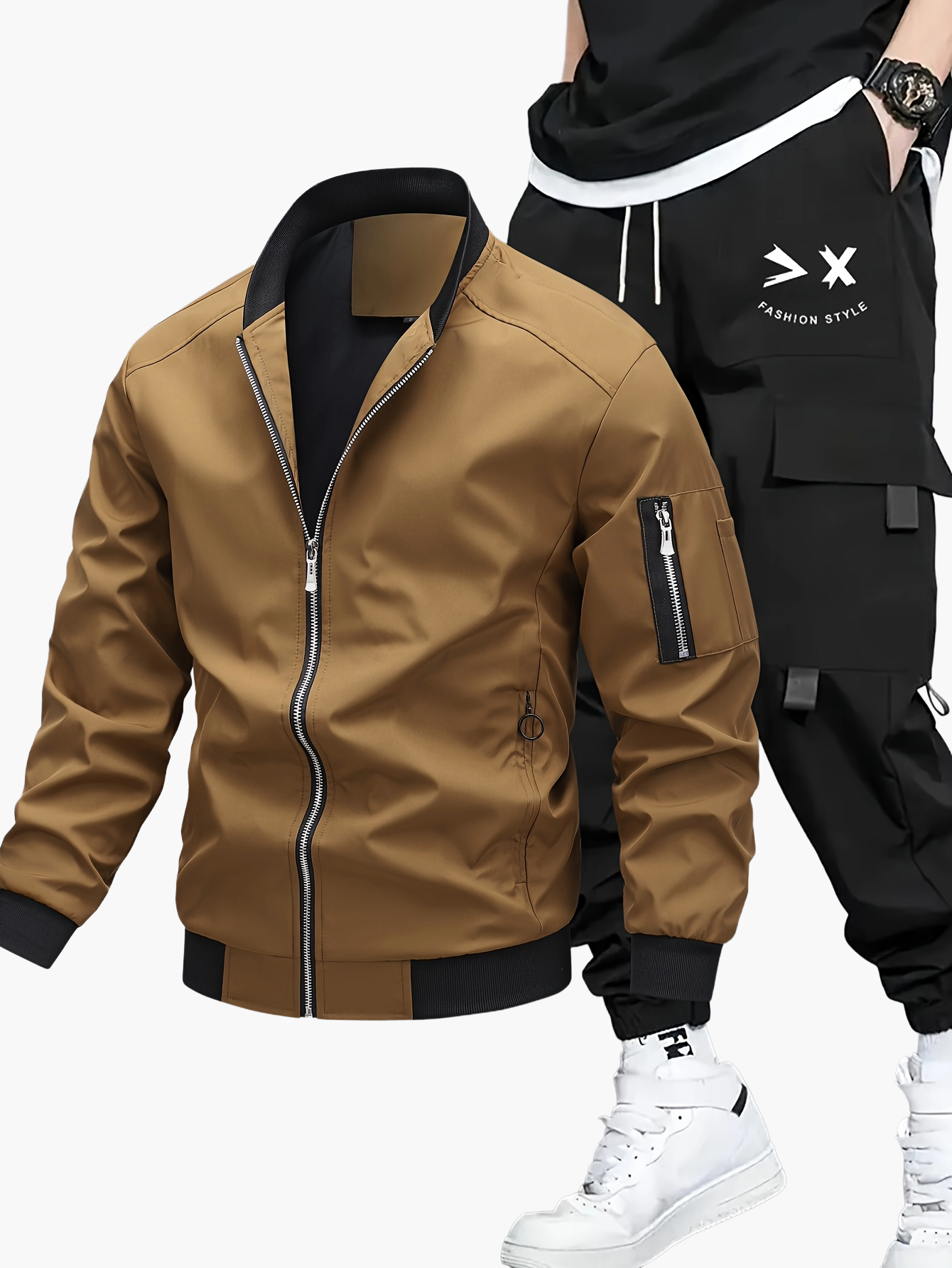 Men's Streetwear Set with Bomber Jacket and Cargo Jogging Pants – Urban Casual Style