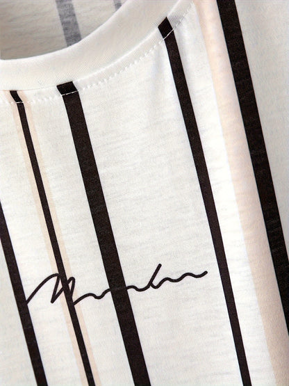 Men's T-shirt with vertical stripe pattern and modern print – Stylish casual shirt