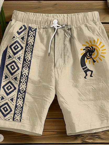 Men's casual shorts with ethnic pattern and flute player motif – summer, vacation & beachwear