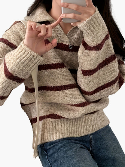 Women's knitted sweater with stripe pattern and polo collar – Elegant autumn/winter casual look