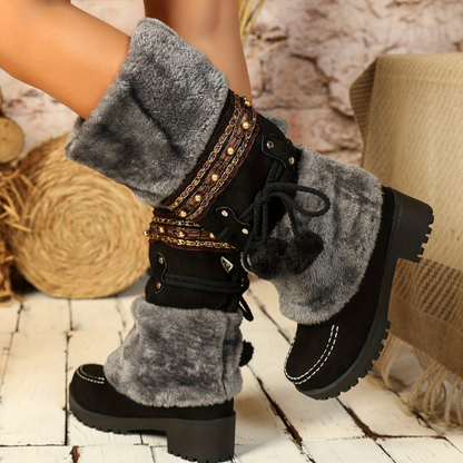 Women's brown winter boots with faux fur, decorative straps & pom-poms