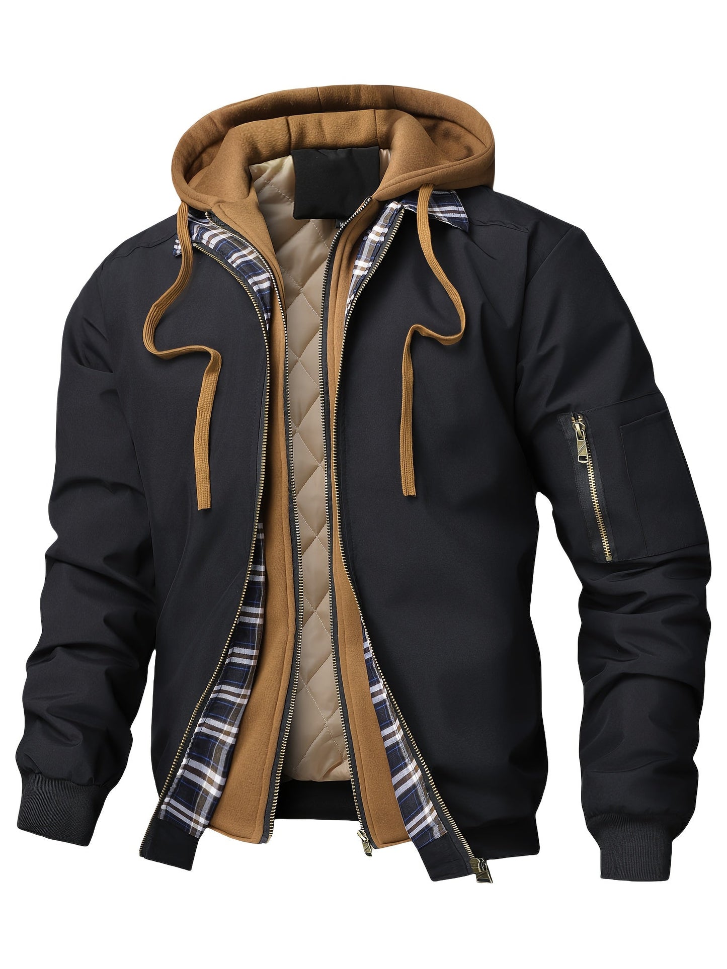 Herren Bomberjacke mit Kapuze Steppfutter Kariert Beige