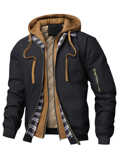 Herren Bomberjacke mit Kapuze Steppfutter Kariert Beige