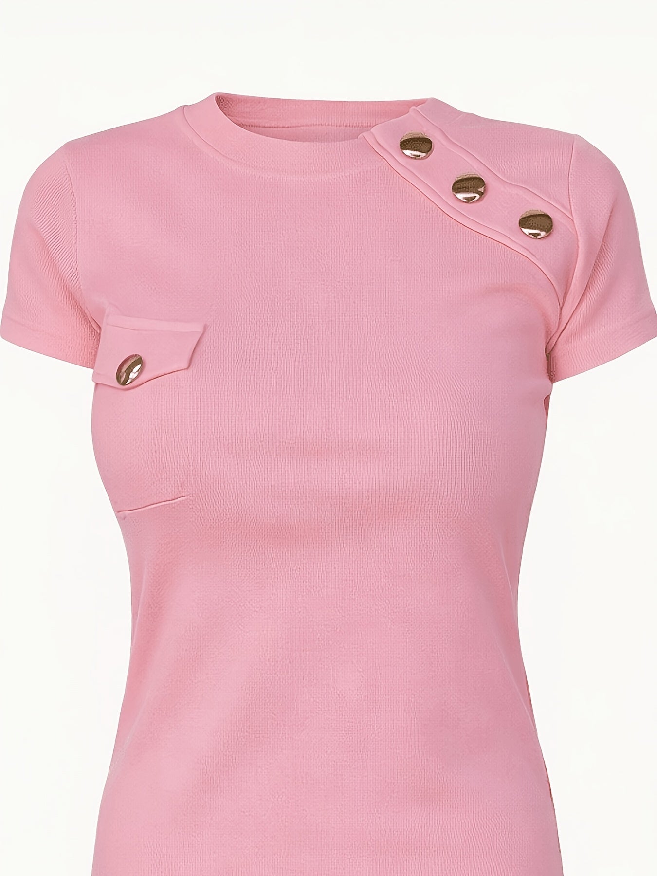 Women's short-sleeve shirt with decorative buttons and modern cut – Elegant casual and office top