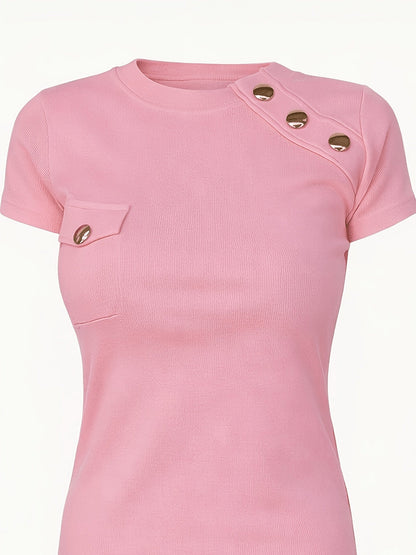Women's short-sleeve shirt with decorative buttons and modern cut – Elegant casual and office top