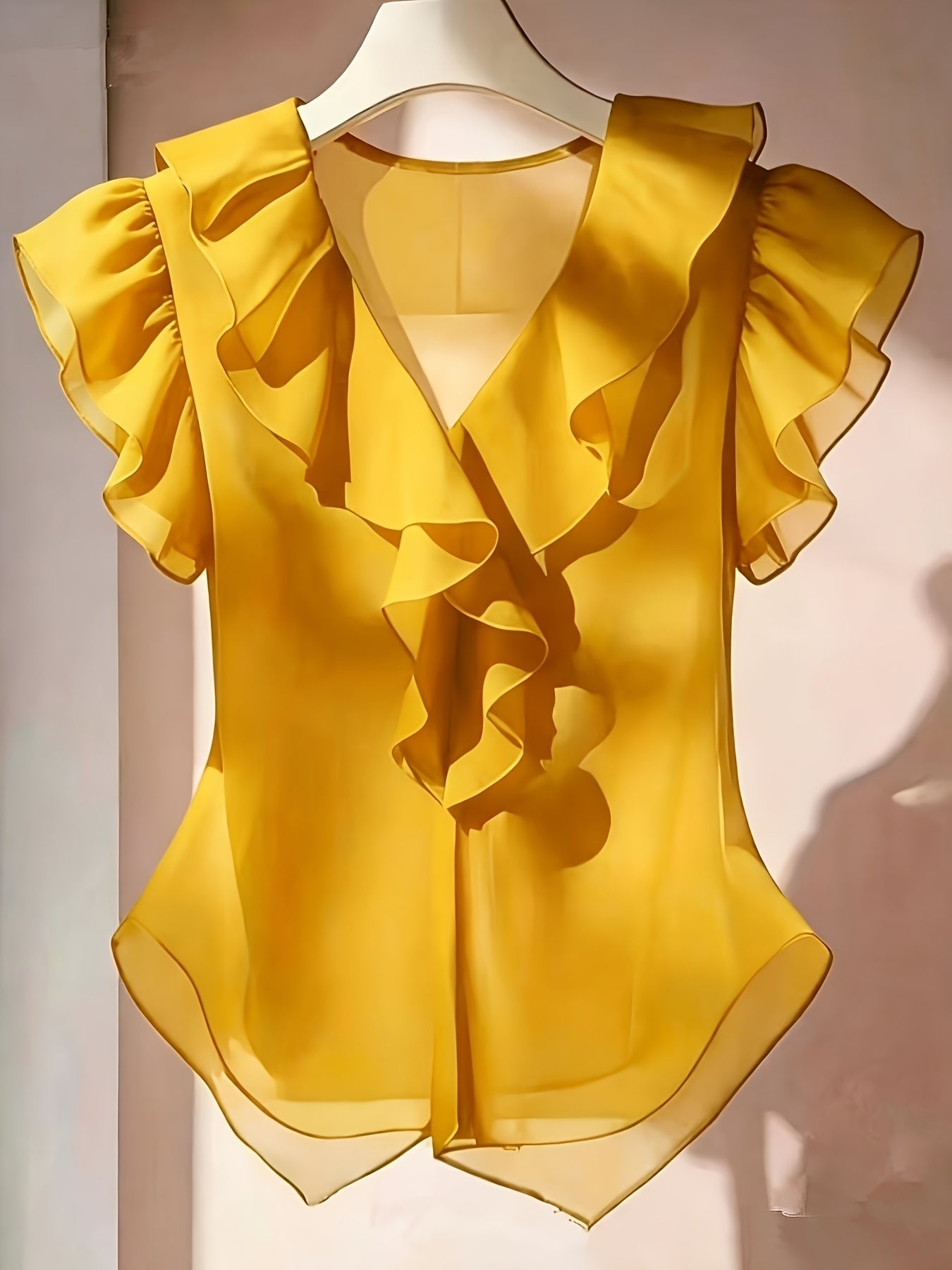 Women's blouse with ruffles and V-neck – Elegant frilled blouse for office and leisure