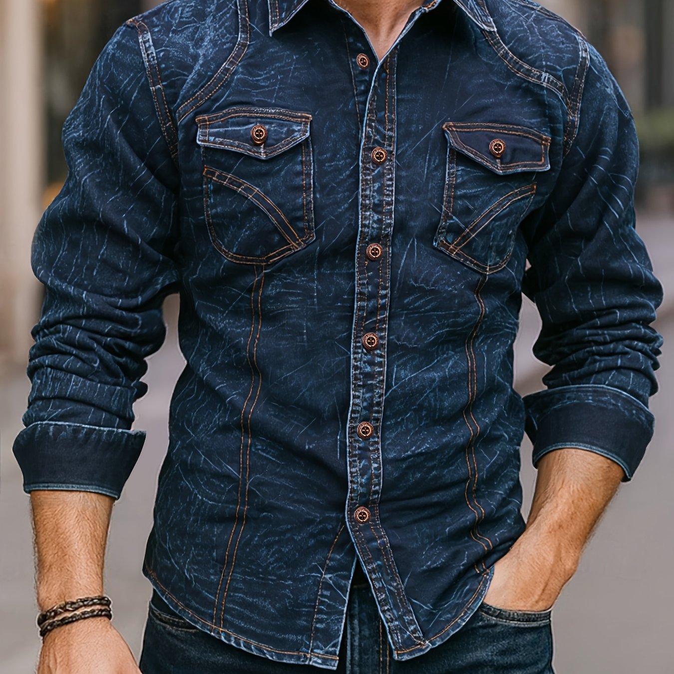 Men's long-sleeve dark blue denim shirt with chest pockets in a worn look