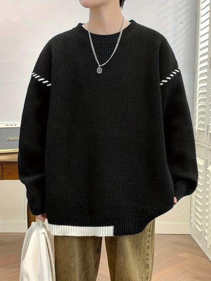Unisex knitted sweater, crew neck, long sleeves, with contrasting details